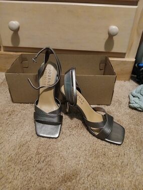 Journee Collection Metallic Gray Strappy Block Heel Sandals